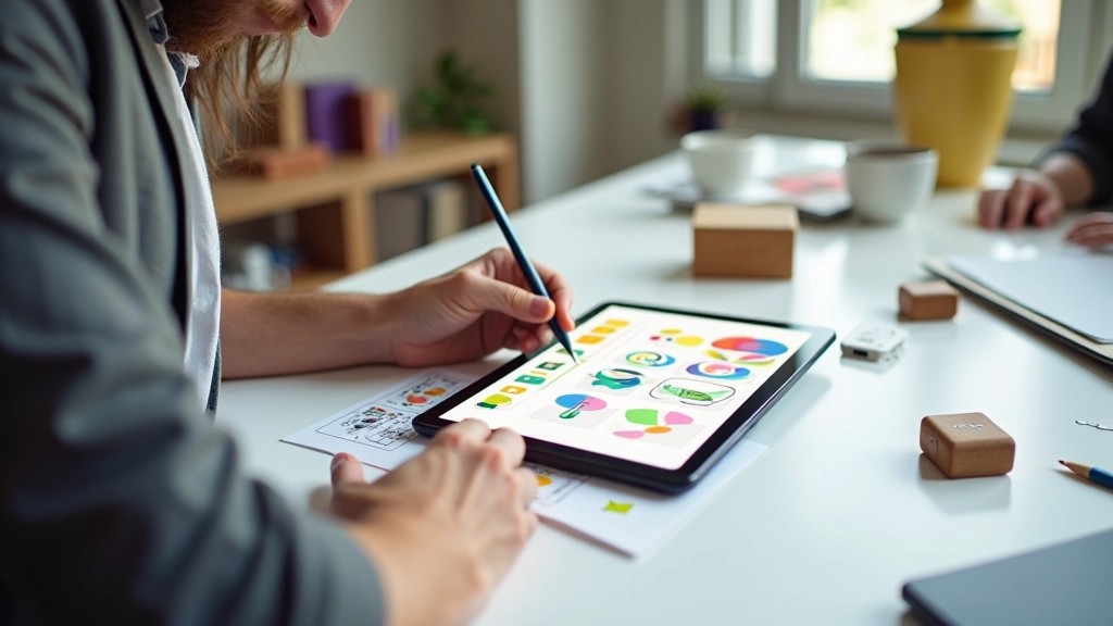 Tablet exibindo interface de design com ícones e ilustrações vetoriais coloridas