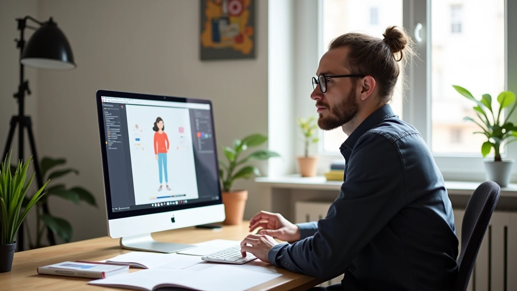 Espaço de trabalho do estúdio de design com designer criando ícones e ilustrações vetoriais